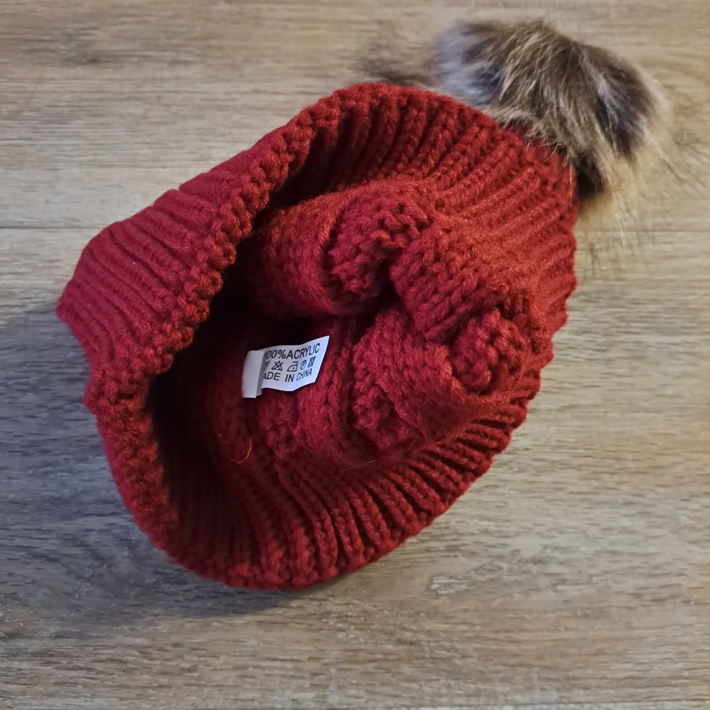 Red Maroon Burgundy Cozy Cable Knit Beanie with Pom NWOT